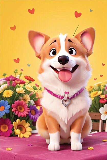 Photo smiling cute corgi holding bouquet in colorful flowers isolated warm background