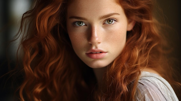 photo smiling lady with deep green eyes and long brown hair generated by AI