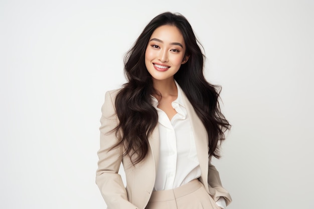 Photo of a smiling and positive woman in an elegant beige suit exuding confidence and charm