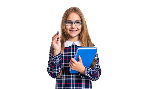 Photo of smiling school girl reader hold diary school girl reader with diary isolated on white