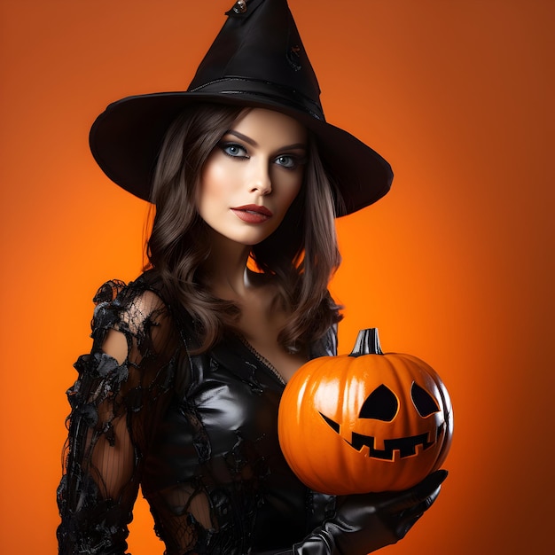 Photo Smiling Woman Dressed as Witch for halloween day with evil pumpkins generative ai