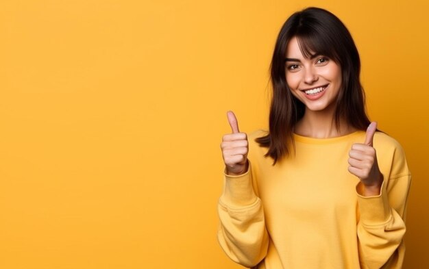 Photo smiling woman showing thumbs up and looking at the camera