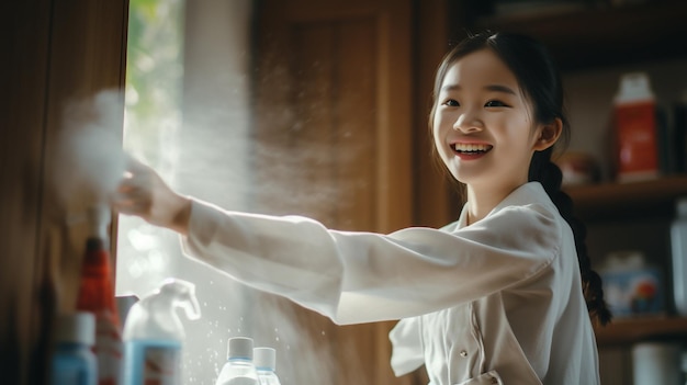 photo smiling woman washing dishes generated by AI