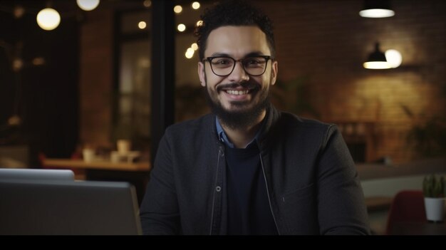 Photo of a smiling young guy working on the laptop