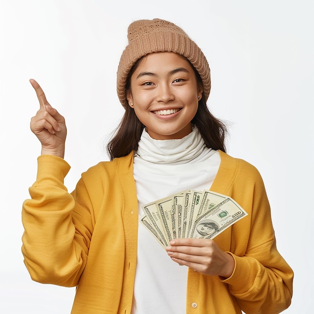 Photo photo of smiling young modern asian woman pointing at banner