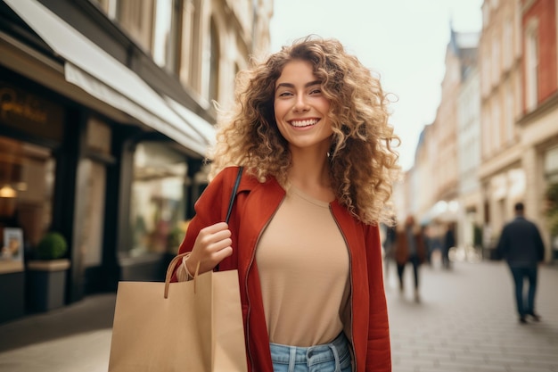 街の通りでショッピングバッグを運ぶ笑顔の若い女性の写真