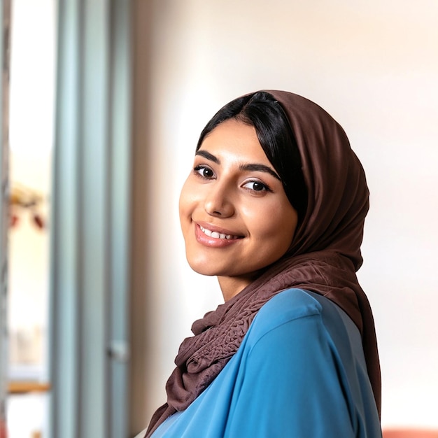 photo smilling beautiful muslim woman posing indoors