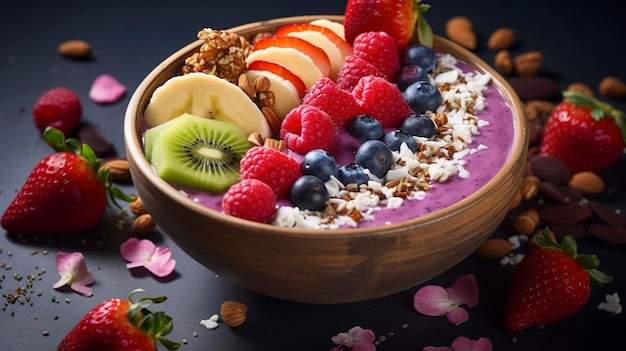 photo of a smoothie bowl with a variety of colorful toppings