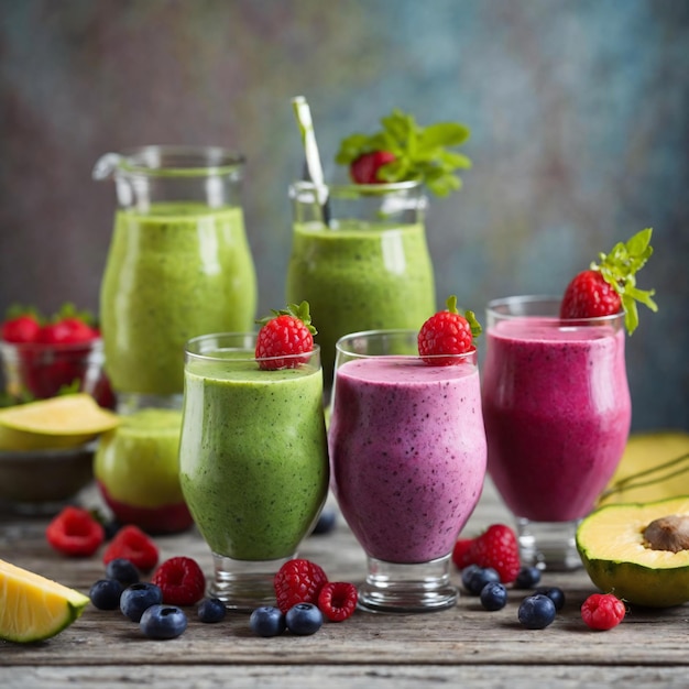 Photo of a smoothies on table with blue berry and strawberry