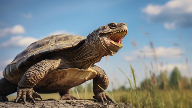 Photo photo of a snapping turtle under blue sky