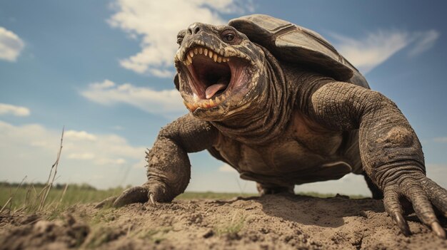 Photo photo of a snapping turtle under blue sky