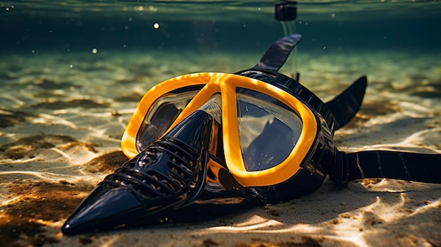 Foto una foto di una maschera da snorkeling e pinne per l'esplorazione subacquea