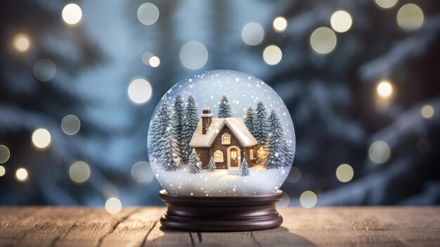 Photo a photo of a snow globe with a cozy cabin snowy forest backdrop