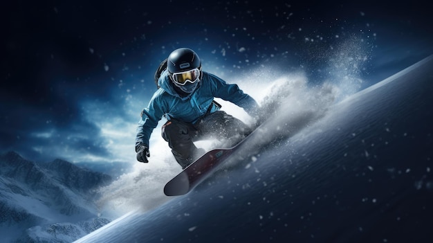 Photo a photo of a snowboarder carving down a mountain slope moonlit night