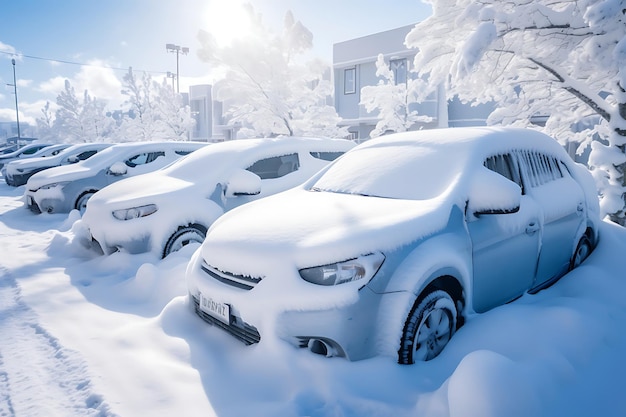 Photo of snowcovered cars parked on a street snow storm