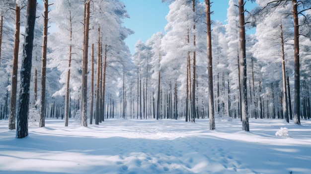 A photo of a snowcovered pine forest bright midday sun