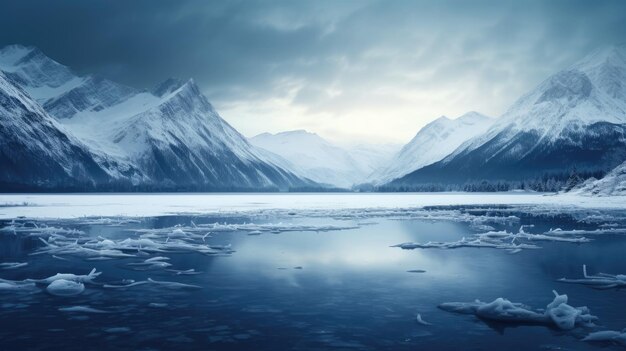 A photo of snowflakes on a frozen lake snowcovered mountains backdrop