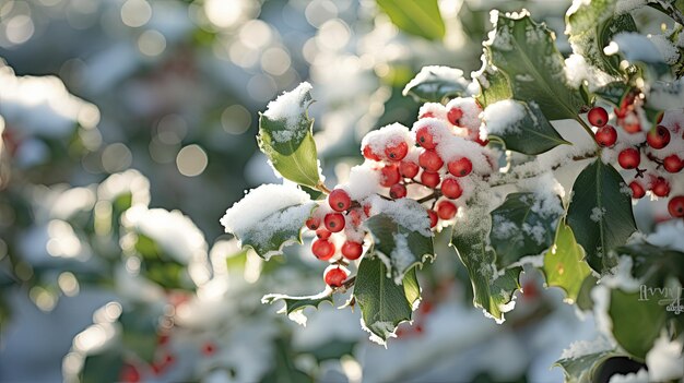 A photo of snowflakes on a holly bush winter garden backdrop