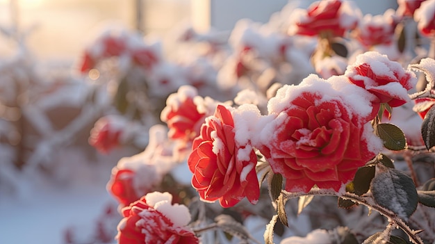 A photo of snowflakes on a rose bush winter garden backdrop