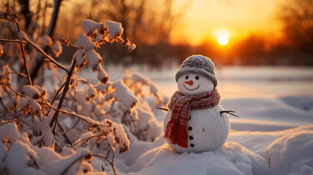 photo of snowman on orange sunset background