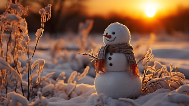 photo of snowman on orange sunset background