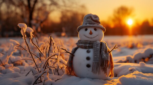 オレンジ色の夕日を背景に雪だるまの写真
