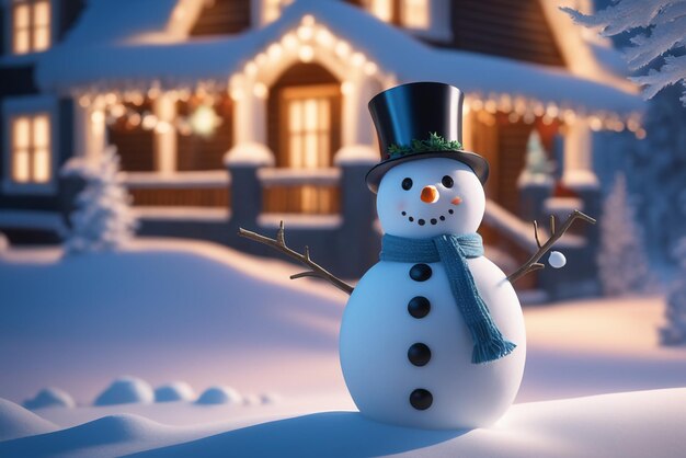 A photo of a snowman in the winter with a nightmode christmas celebrations background