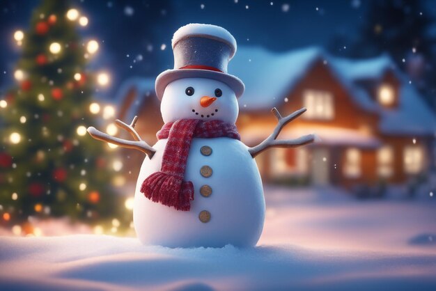 A photo of a snowman in the winter with a nightmode christmas celebrations background