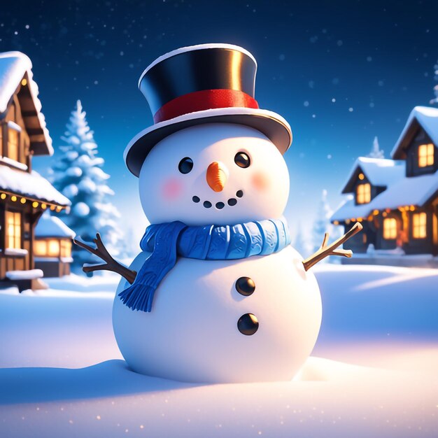 A photo of a snowman in the winter with a nightmode christmas celebrations background