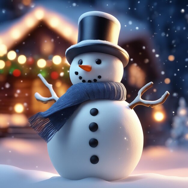 A photo of a snowman in the winter with a nightmode christmas celebrations background