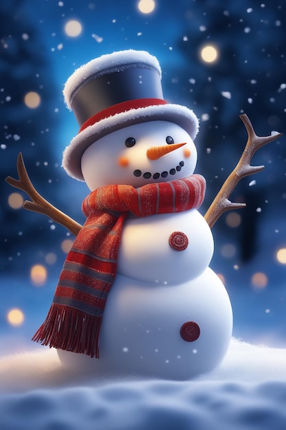 A photo of a snowman in the winter with a nightmode Christmas celebrations background