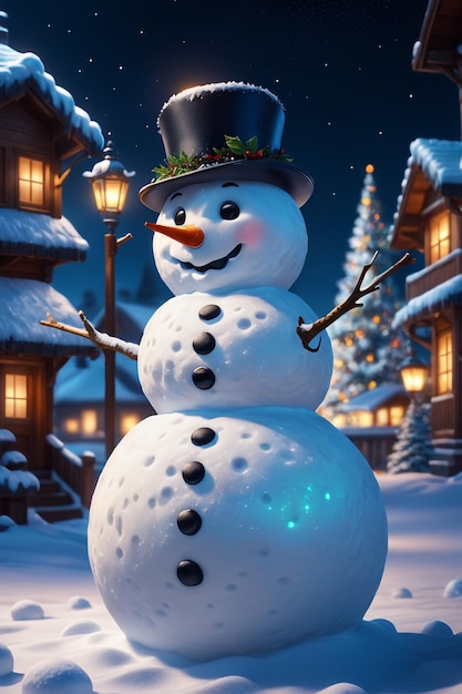 A photo of a snowman in the winter with a nightmode Christmas celebrations background