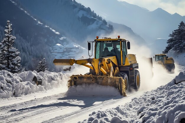 雪掃除機が山岳地帯のトレイルを掃除している写真