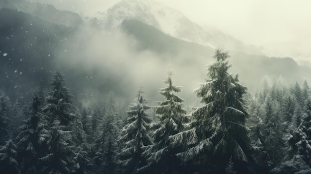 A photo of snowtipped fir branches misty mountain backdrop