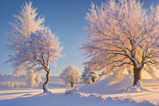 その後ろに木や日光がある雪の風景の写真