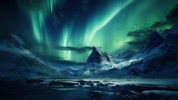 A photo of a snowy mountain peak northern lights in the sky