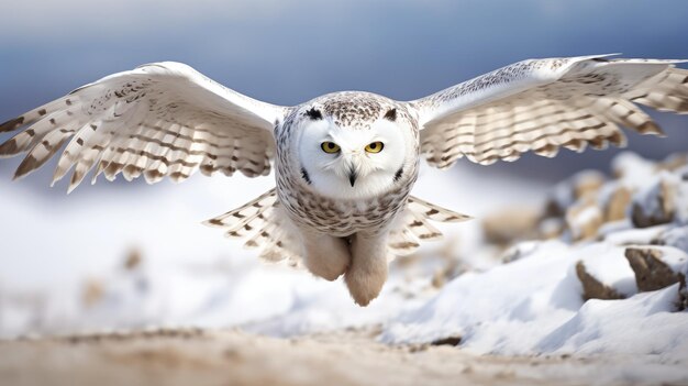 A photo of a snowy owl in flight arctic landscape