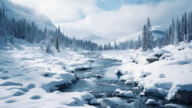 A photo of a snowy valley with a frozen stream cloudy sky