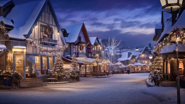 A photo of a snowy village with a town square twinkling holiday lights