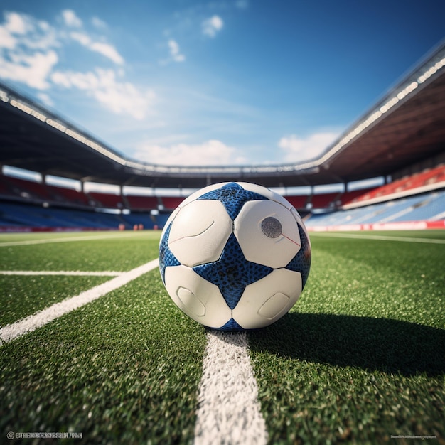 photo soccer ball on the white line at stadium