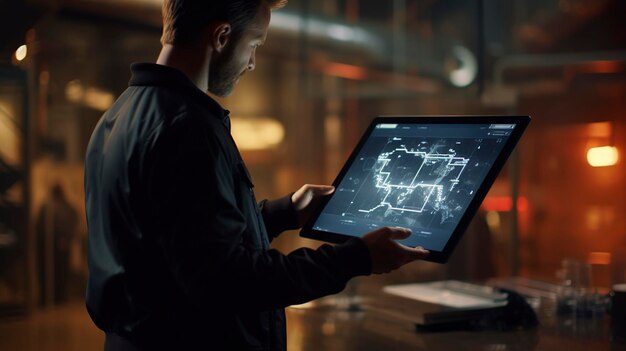 A photo of a software engineer reviewing code on a tablet