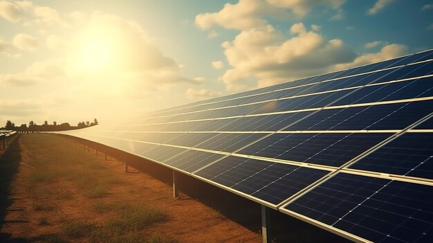 A photo of a solar farm with rows of photovoltaic panel