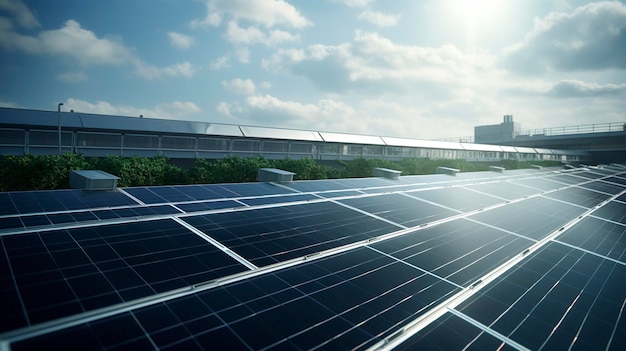 A photo of a solar panel array on the roof of a green building