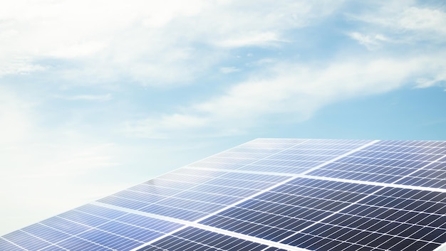 A photo of a solar panel with the sky in the background.