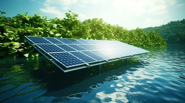 Photo of solar panels installed on the lake with leaves on the surface of the water