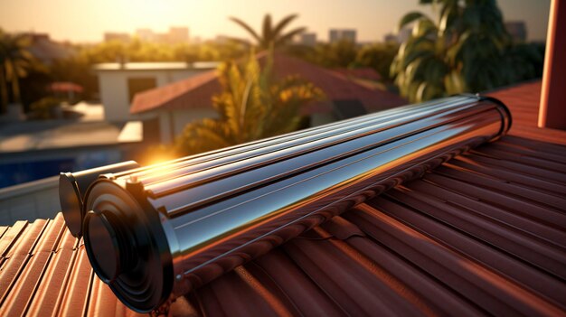 A photo of a solar water heater on a residential roof