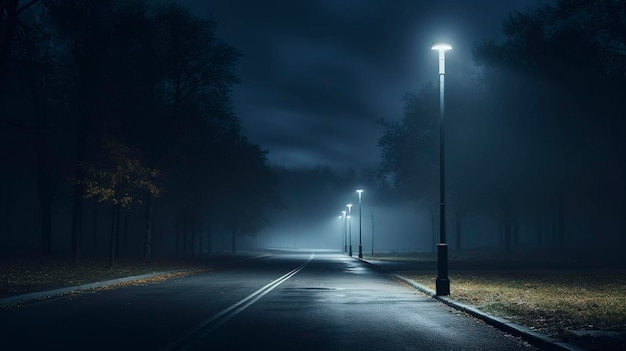 A photo of a solarpowered streetlight illuminating a dark road