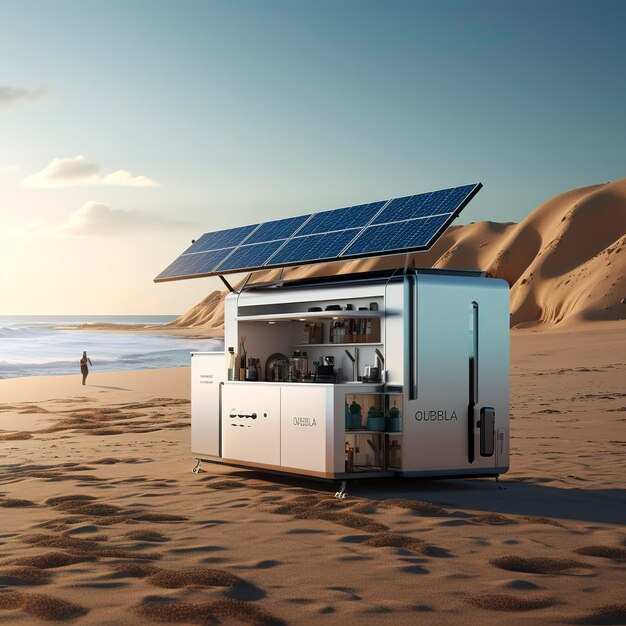 photo of a solarpowered water desalination unit on a beach