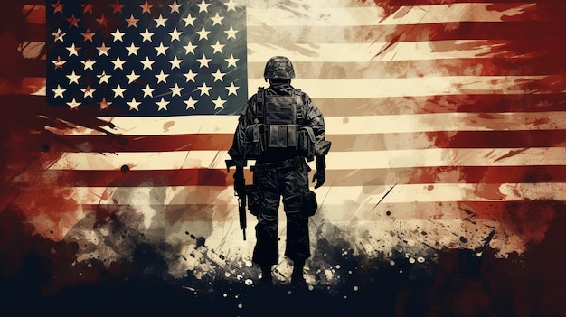 Photo photo of soldier holding the usa flag in background special force united states soldier or military contractors holding rifle image on background soldier army war generative ai