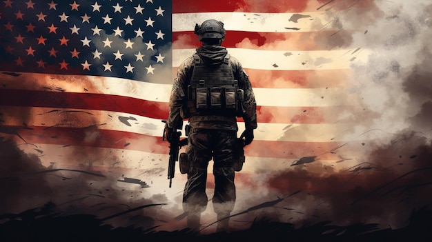 Photo of soldier holding the USA flag in background Special force United States soldier or military contractors holding rifle Image on background soldier army war Generative AI